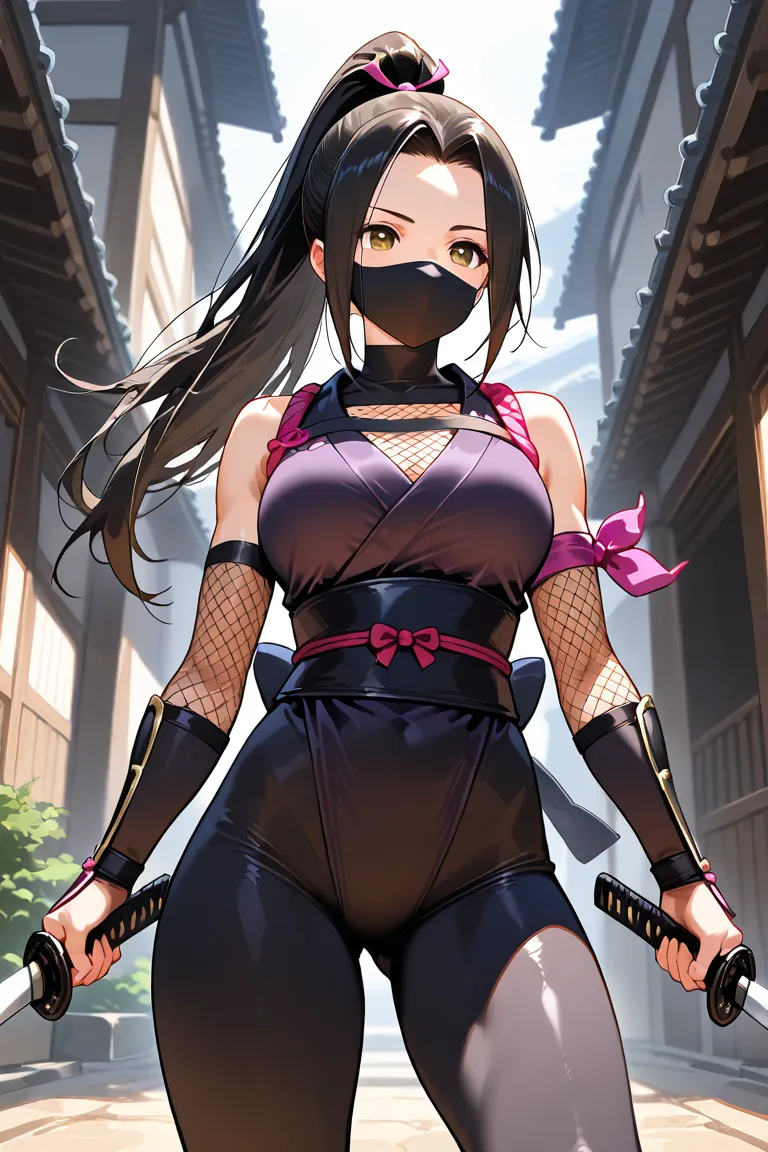 ninjaหญิงใน Tight Set  ,  1 , black hair,  ponytail,  ,  big, high thighs, ninja,  Tight Set  ,   Fox Mask  ,  team high resolution, โมเดล team high resolution, Precise, quality, look,, camel foot 