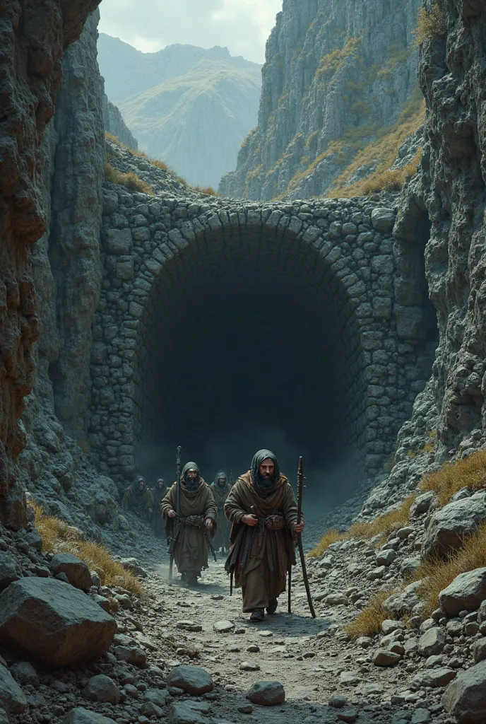 Quero uma imagem de dark fantasy medieval, With men leaving an abandoned mine/cave 