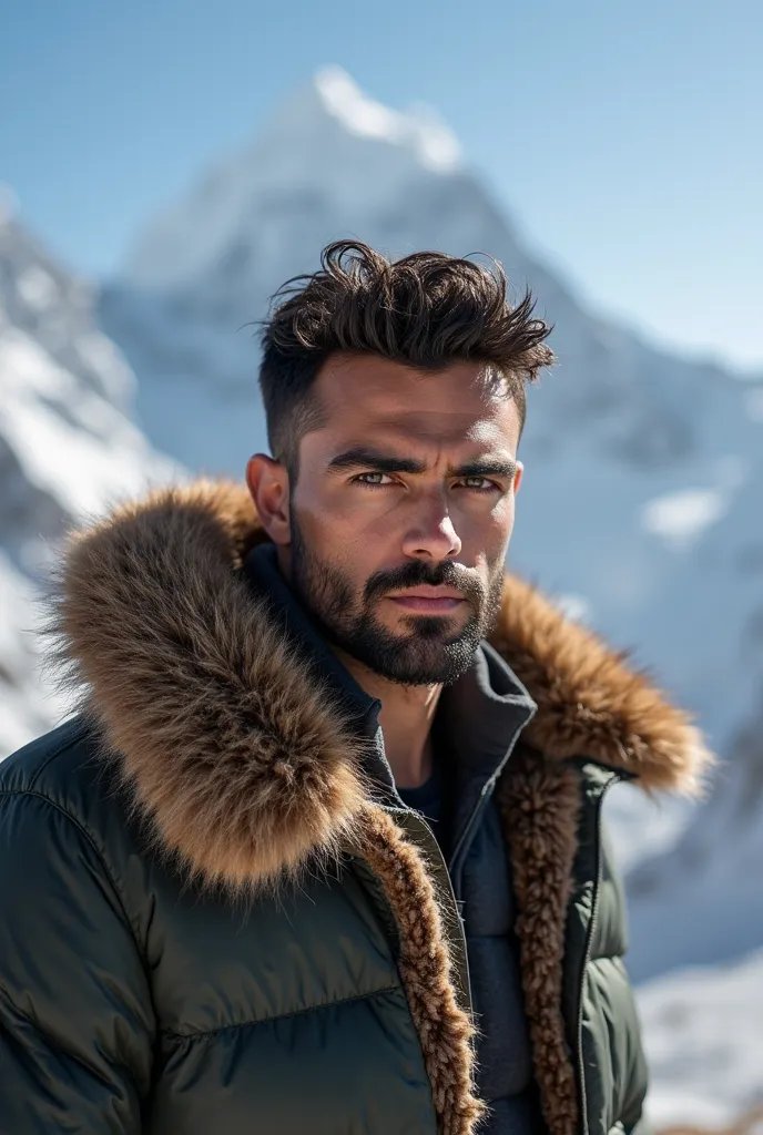 The world's next male fashion model,  denies photo shoot , A, , ,  Everest ,  fur vest is worn by a handsome man from Afghanistan, ultra HD, 8k