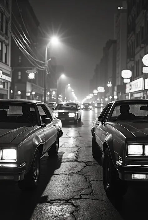 "Create a high-intensity, hyper-realistic black and white scene set in 1985 New York, capturing a deadly gang standoff in a gritty, cinematic style. The deserted urban street is dimly lit by flickering streetlights and neon signs, casting deep shadows over...