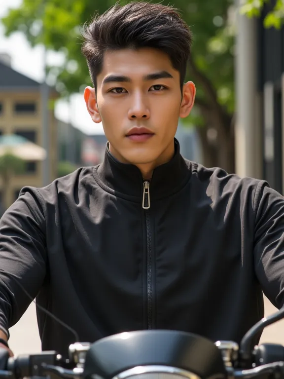 Pria korea, mata coklat, Black Hair, Tapered Fade haircut,  athletic body (inverted triangle),  Visible blood vessels in the hand ,  broad chest ,  tall body ,  young handsome face, menatap tajam  ,  kaos keren warna hitam (merek terkenal), pakaian yang pa...