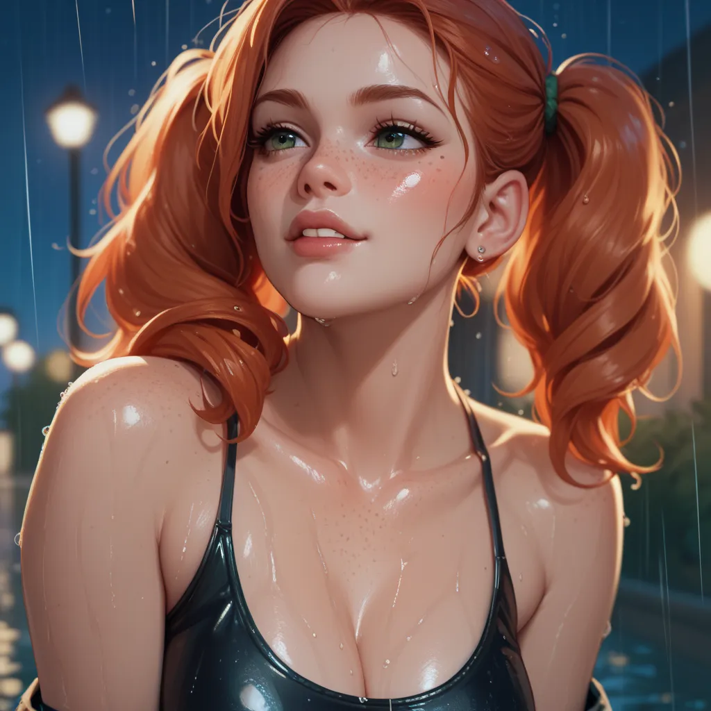 woman in body, pigtailed, redhead covered in freckles with huge tits in a micro top, , the skin is oily, Night, the background is blurred, it's all wet outside in the rain
