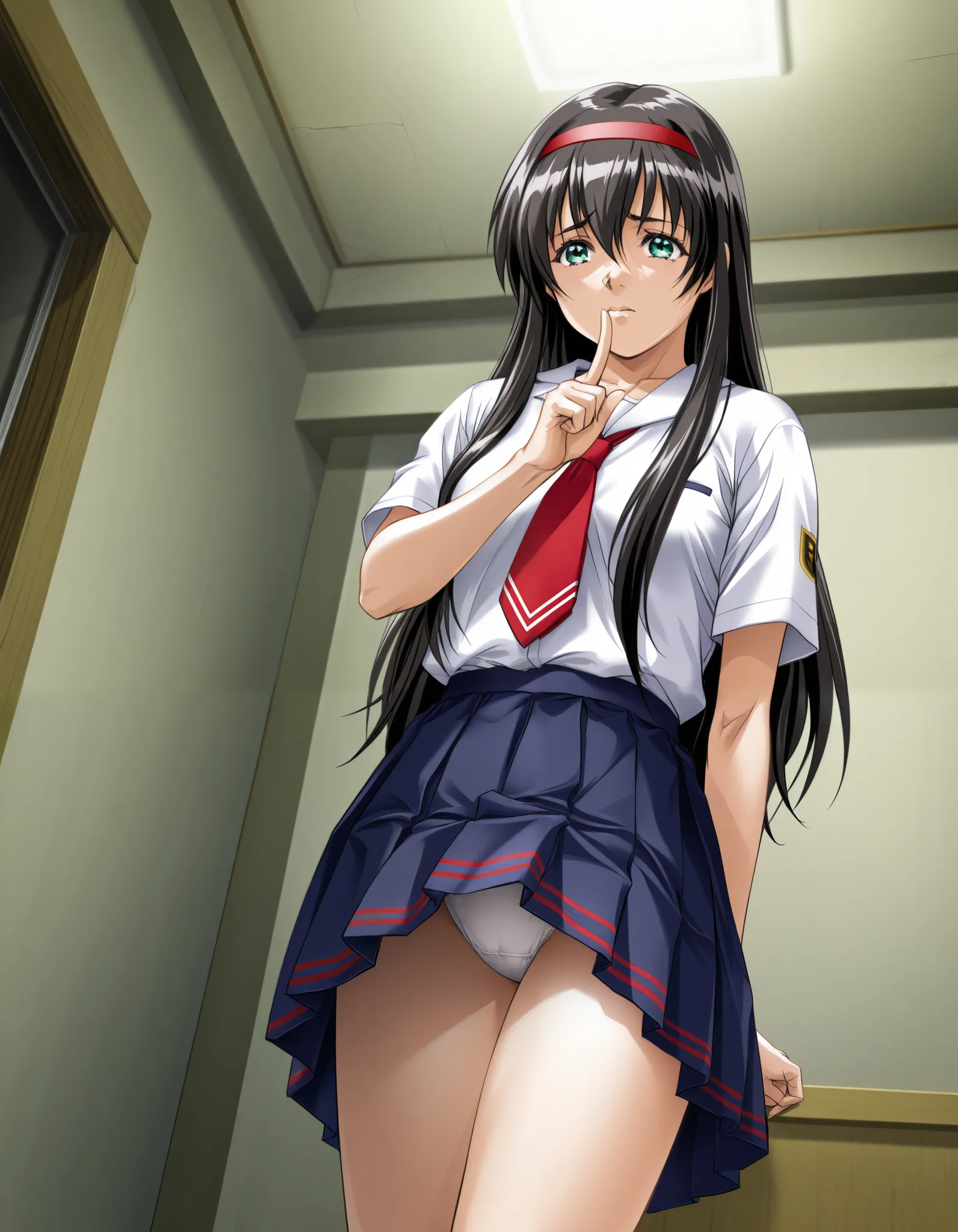 Demon work,Himeno Yuri,Yuri hymen, hair band, white shirt, Short sleeve red tie, , blue skirt, pleated skirt with index finger, 1 girl, Alone,white panties,I'm flipping through my skirt , masterpiece, Highest quality