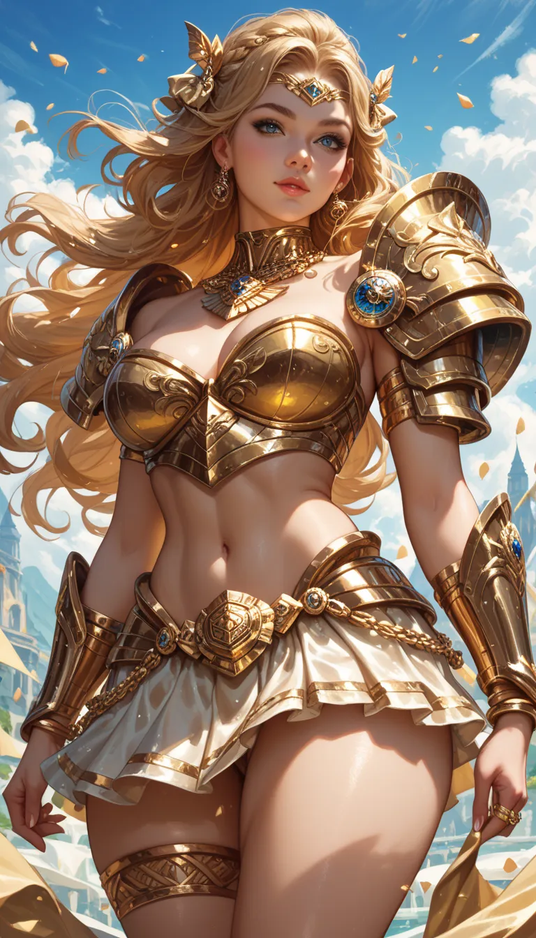 Goddess of the hunt big straight hair big boobs healed abdomen gold bracelet bow in the hand thick thighs short gold chest short gold skirt gold short skirt and gold armor with bow on the sexy hand