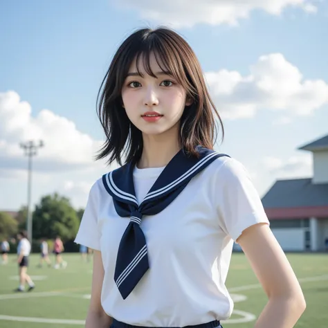 A high-resolution, photorealistic image of a cheerful Japanese high school girl standing on the school sports field, looking directly into the camera with a bright and energetic smile. She has shoulder-length wavy black hair that shines in the afternoon su...