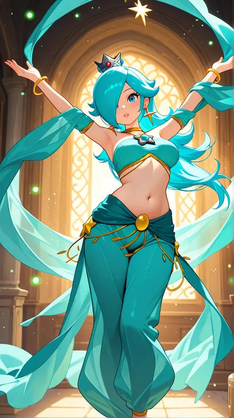 Princess Rosalina has a big round belly she is doing belly dance 