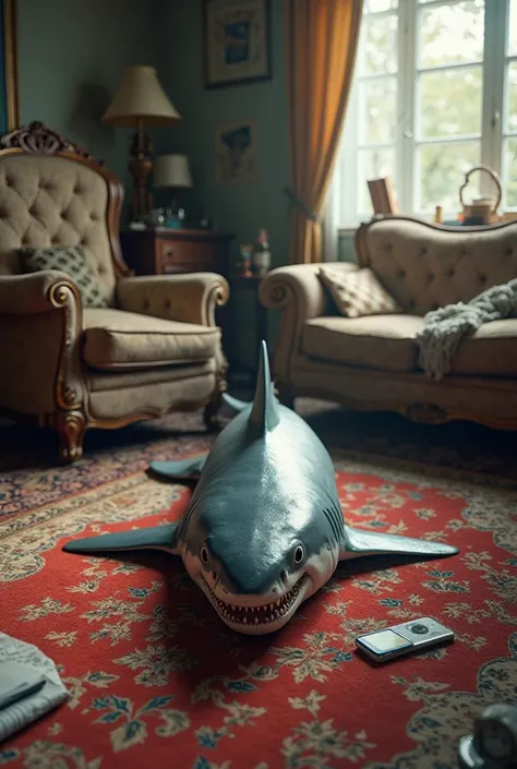 A shark lying on the floor of a house