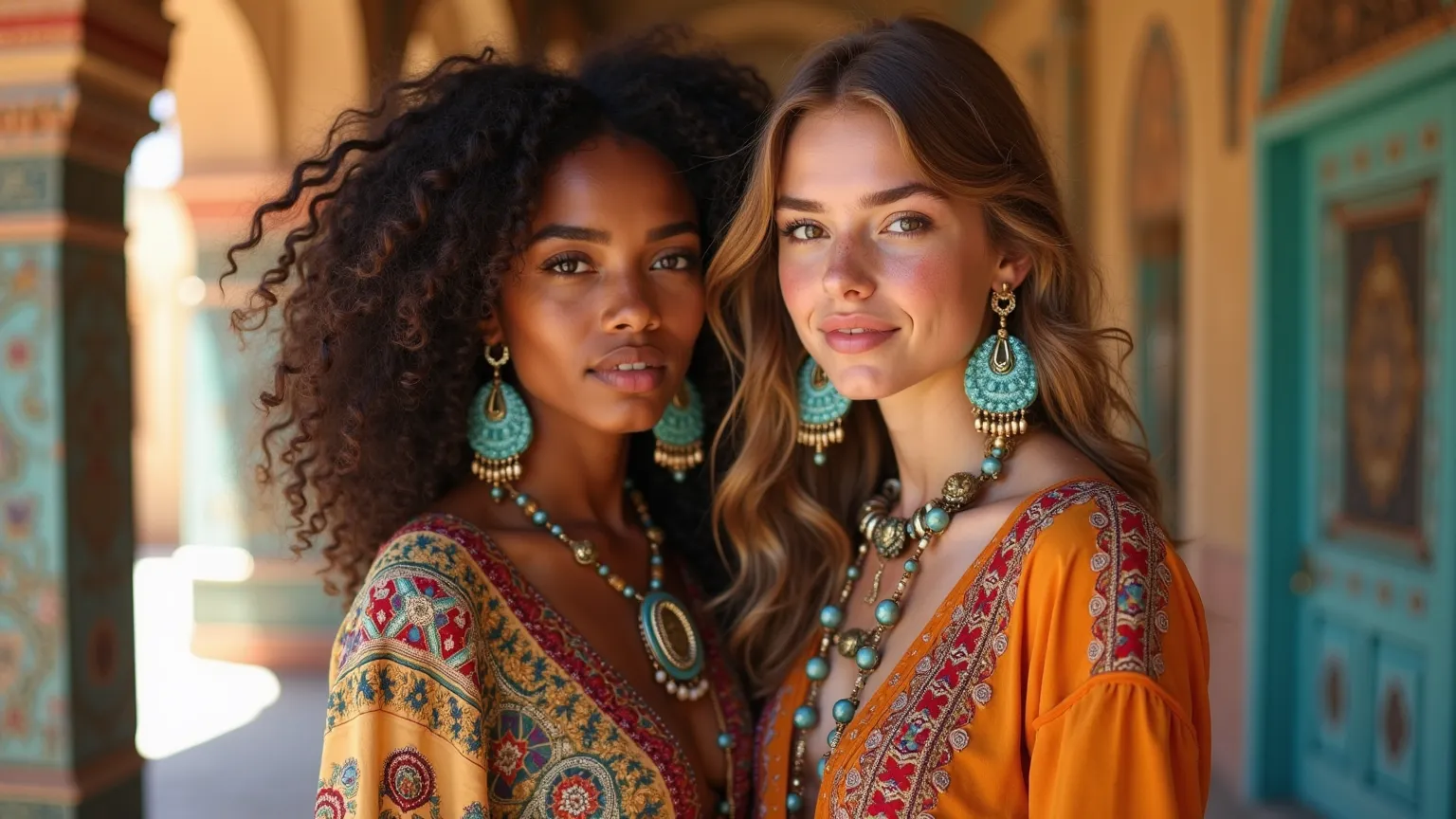 beautiful young women standing close together in a vibrant, exotic setting with intricate architectural details in the background. One has voluminous curly hair and a deep tan complexion, while the other has wavy light brown hair with freckles. Both are we...