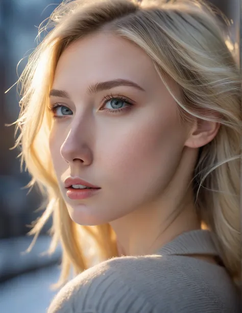 portrait photography, dutch angle shot, a stunning slender blonde woman's face with pale, fresh and young face, delicate upturned nose, flesh lips, mesmerizing eyes, golden hour, winter, cold day, close up, Phantom High Speed camera, urban emotions, uhd im...