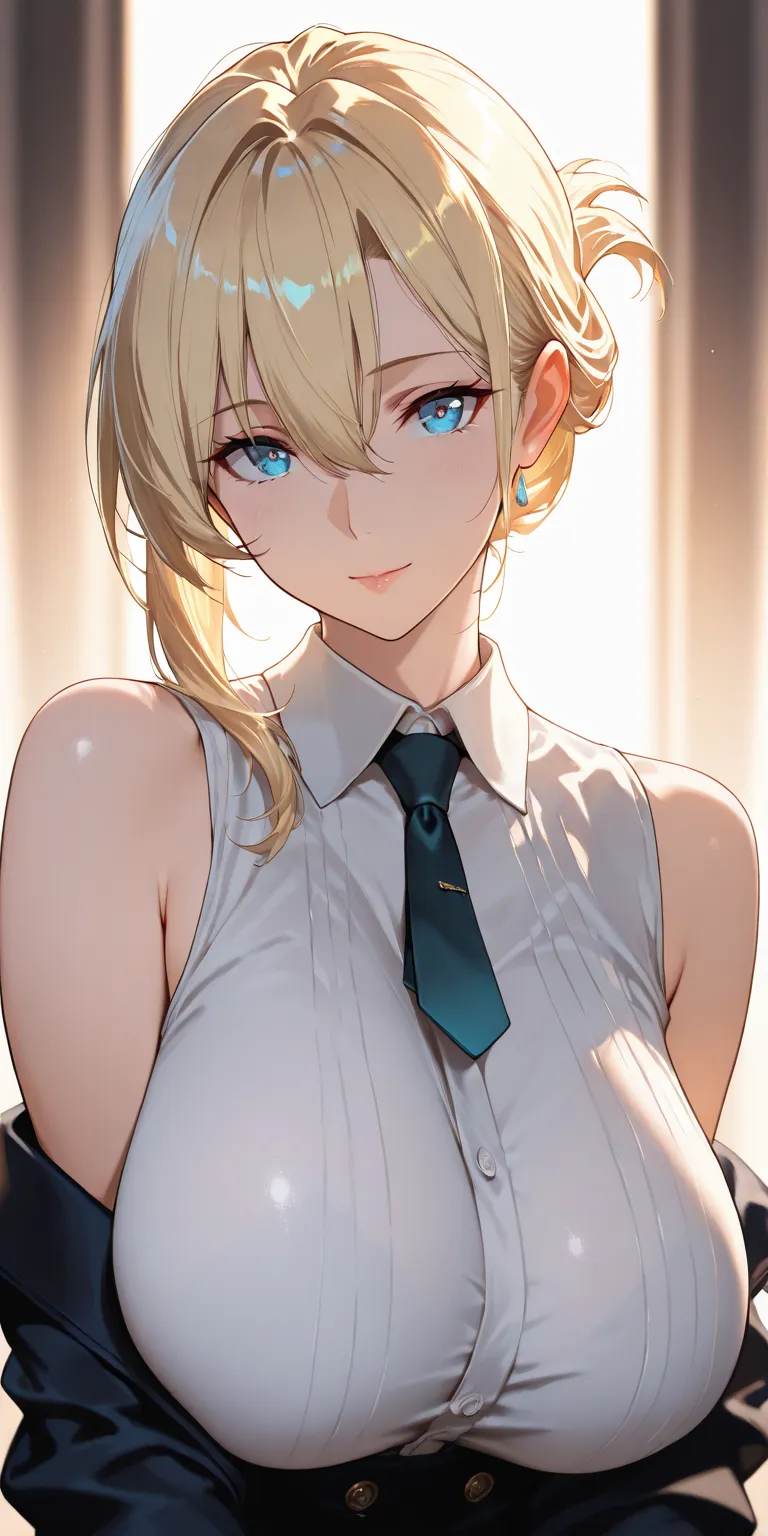 Masterpiece, very aesthetic, vibrant, high contrast, high resolution, ultra detailed, elegant mature woman, curvaceous, blonde hair, hair between eyes, swept hair, updo hair, blue eyes, upper body, tie, sleeveless collared shirt, off shoulder jacket, side ...