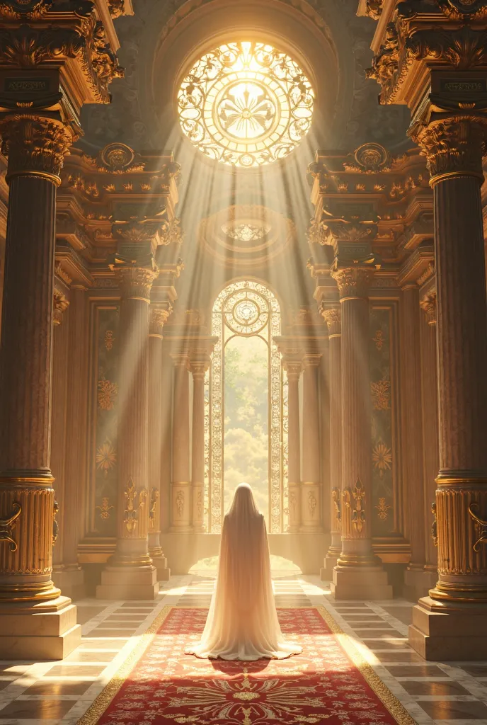 The setting is a peaceful royal chamber with beautiful, divine imagery in the background."