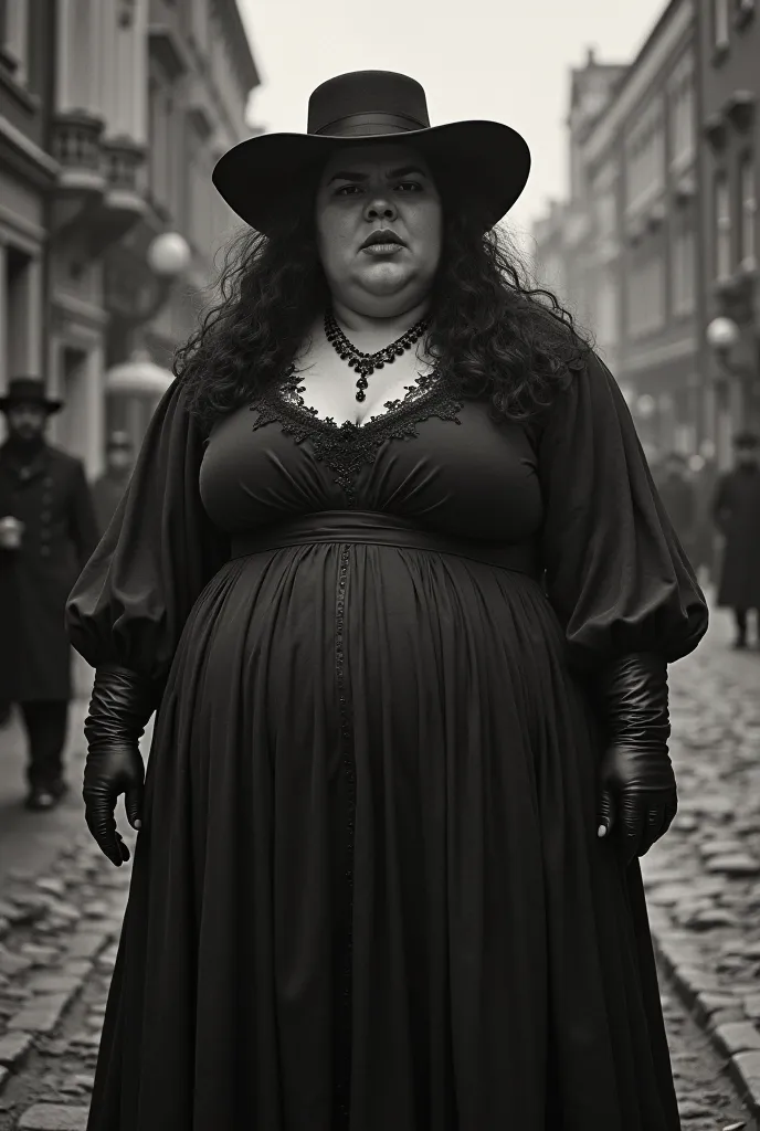 1. United States of America, in 1800. 2. street of a precarious city, in 1800. 3. a woman, three meters tall, fat two meters wide, ugly, making an angry face, with a big belly, wearing a long black dress, long black gloves, wearing a black hat, with long, ...