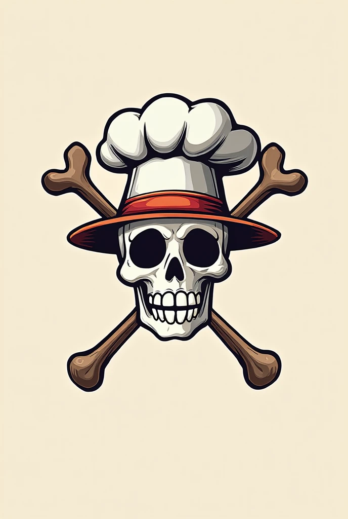 The one piece strawhat symbol, put a chef hat on the skeleton, a spatula cross behind the skeleton, cartoon style, business logo style 