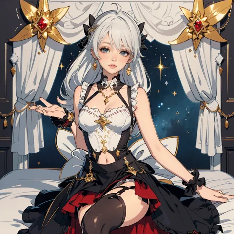 1girl, silver hair, harness, dress, solo, buns hairstyle, ahoge, armpits, bare shoulders, glow eyes, harness, maid dress with bare shoulder, chest sarashi, collarbone, garter on the legs, cowboy shot, stomach, strapless, white apron, maid dress, maid, stre...