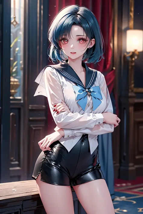 high quality high quality, High Resolution,  Dark Fantasy Art 。((2 girls:1.3, group photo:1.37, A dark-haired woman in the enemy king's suit is hugging a blue-haired girl in a sailor suit from behind:1.5))、(love each other)、
 Deep in the Enemy King's Palac...