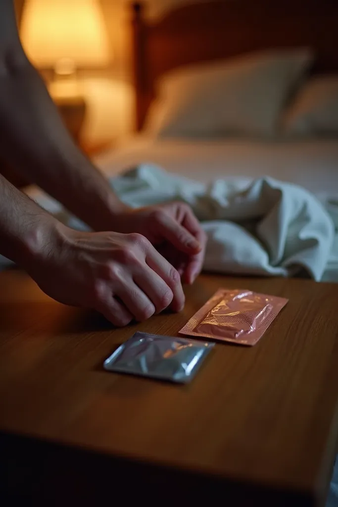 "POV showing only the arms of a man reaching out to get a condom on top of a wooden dresser. The shiny package reflects the soft light of the bedroom, as the fingers slide quickly to grab it. The environment has warm and discreet lighting, with subtle shad...