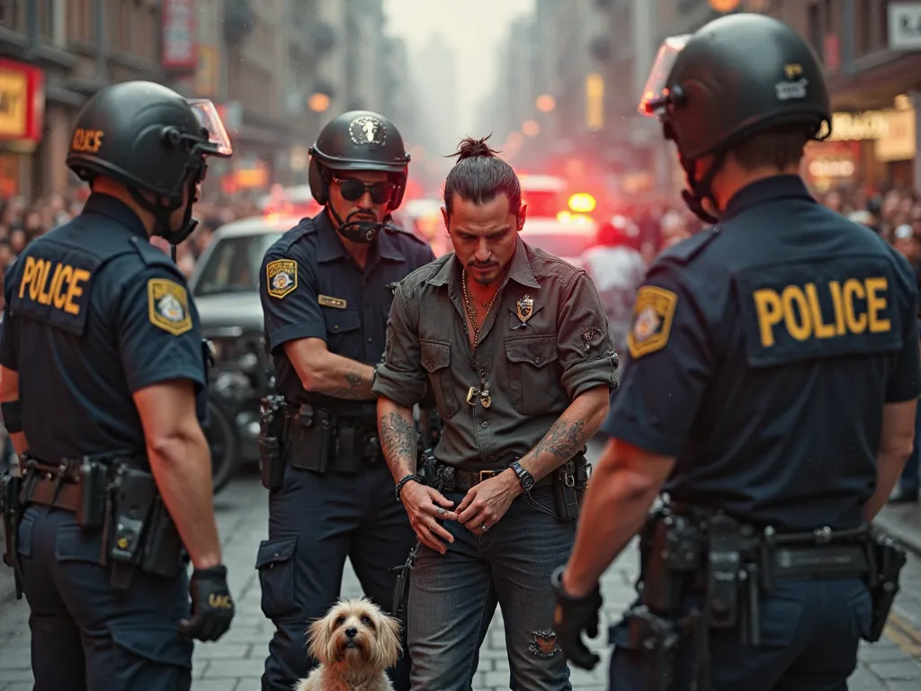    Police officers arriving with flashing lights, placing the bruised and defeated biker in handcuffs. Johnny Depp stands nearby, comforting his small dog while onlookers cheer.  
