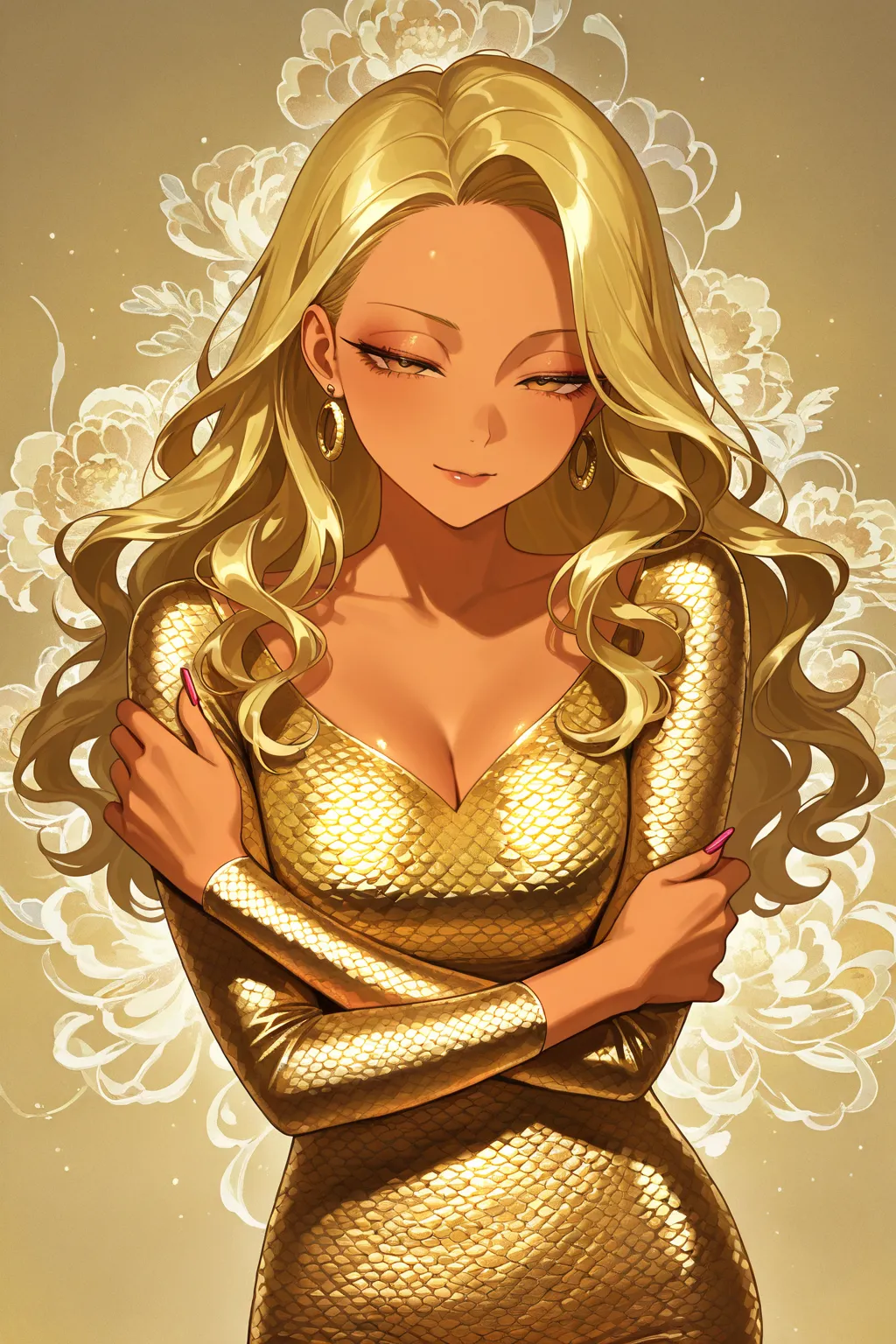 gyaru,  cool beauty face, gold hair, wavy hair, woman hair style, slender body, half-closed eyes, hand on own arm, pose, marigold pattern fashion, feet out of frame, upper  body, background Calavera art,