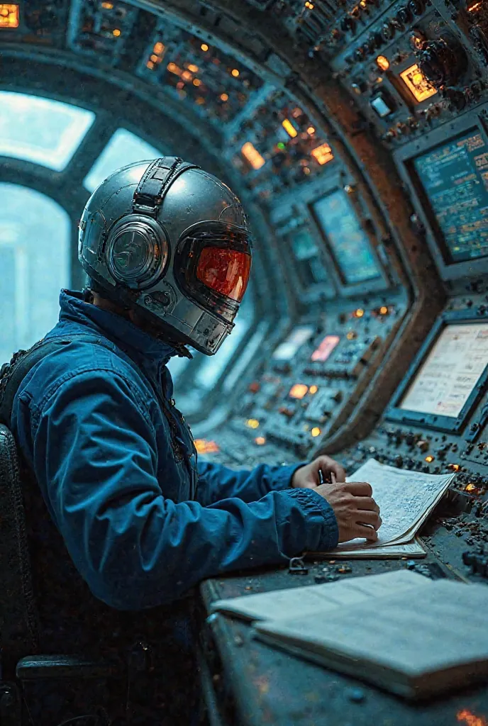 Here is a prompt faithful to the image:  

**"An operator wearing a blue jumpsuit and a shiny helmet with headphones is seated in a highly detailed and retro-futuristic cockpit. It is surrounded by a wide variety of control panels, buttons, analog displays...