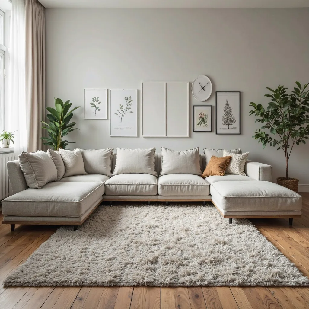 Make a rug measuring 1,46 meters by 1,00 meters in a modern room and that only the carpet is shown in full and parts of the room, But don't show the full room. And that on the left of the carpet there is a full-size sofa to show that the carpet is small th...