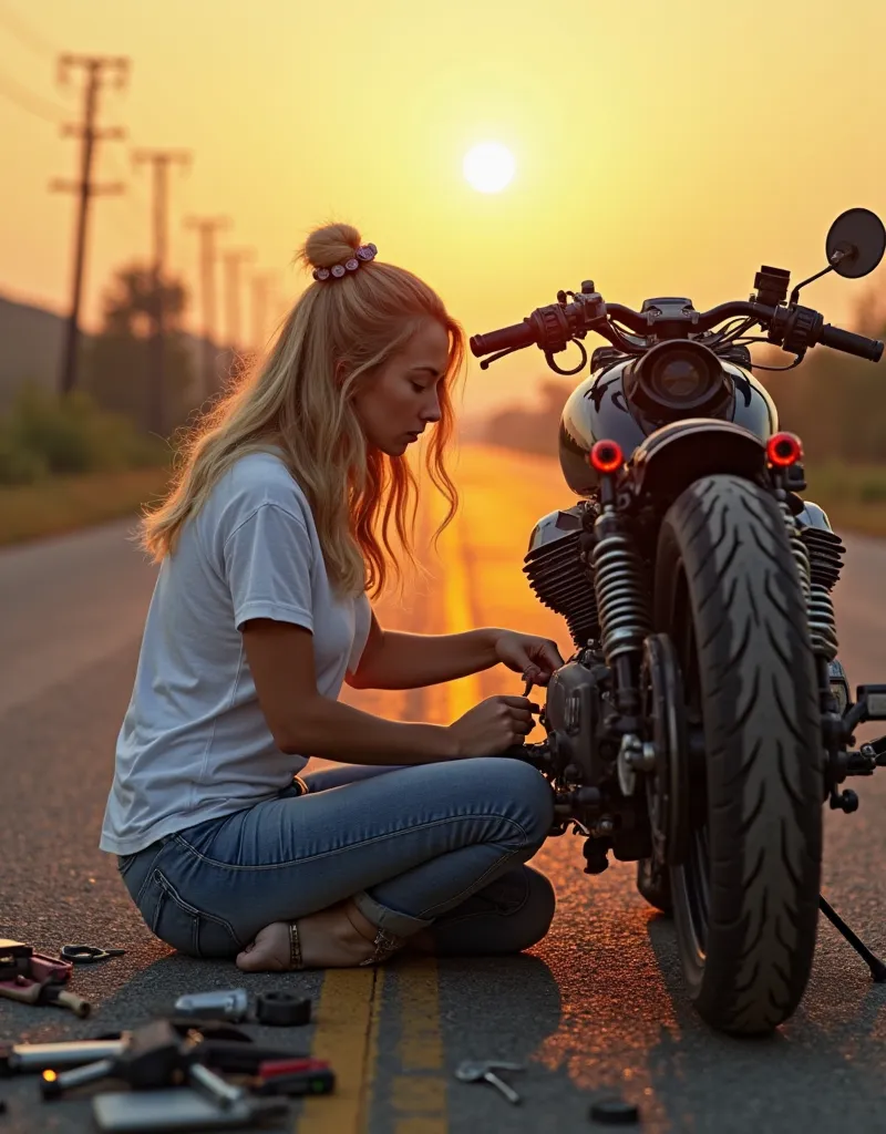 *A Close-up of 25-year-old blonde woman in a white T-shirt and jeans with big buttocks sits on the roadside, fixing her heavy motorcycle with tools scattered around. A 20-year-old male mechanic stands nearby, watching with curiosity. The sunset casts a war...