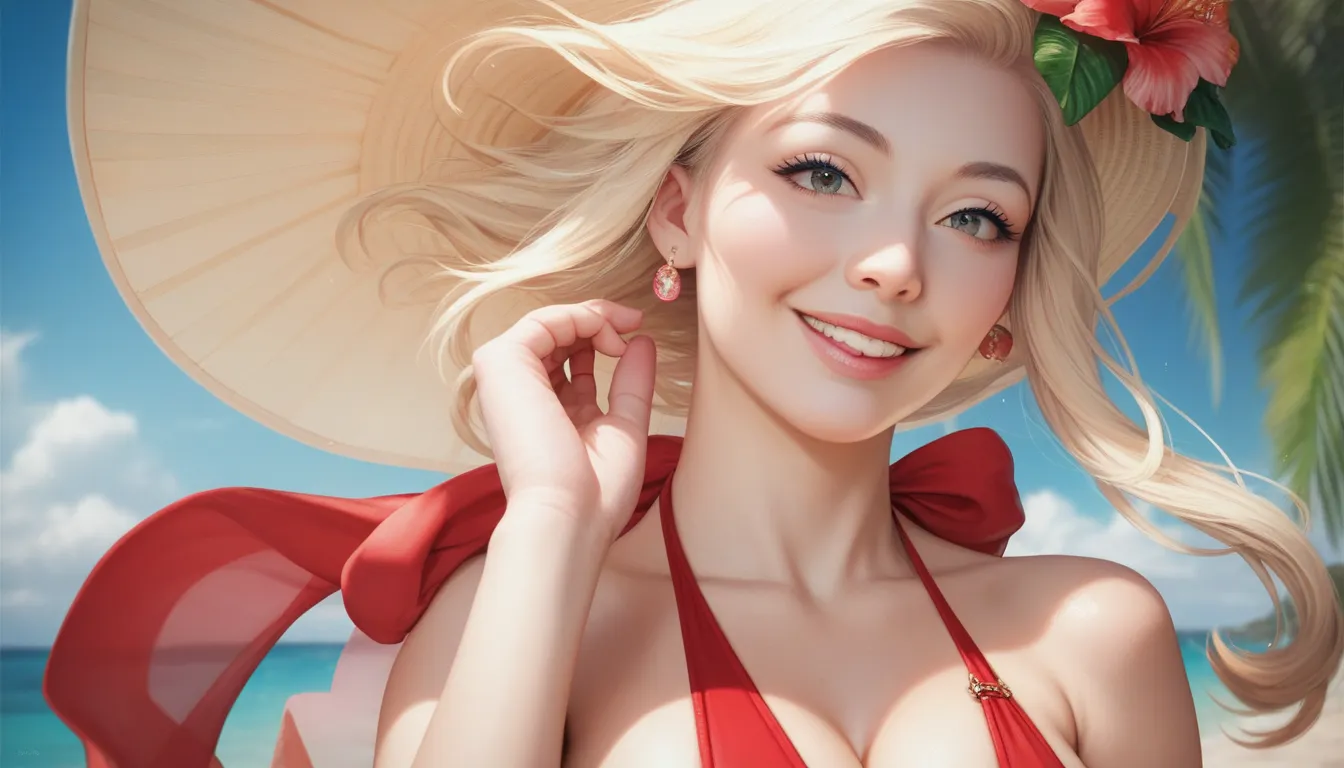 Photorealistic, beautiful Japanese woman (22) with a cat, close-up of her face with sun-kissed skin, wearing a stylish red bikini, smiling confidently. Her expressive eyes reflecting the ocean and sky, wind tousling her hair, soft golden sunlight illuminat...