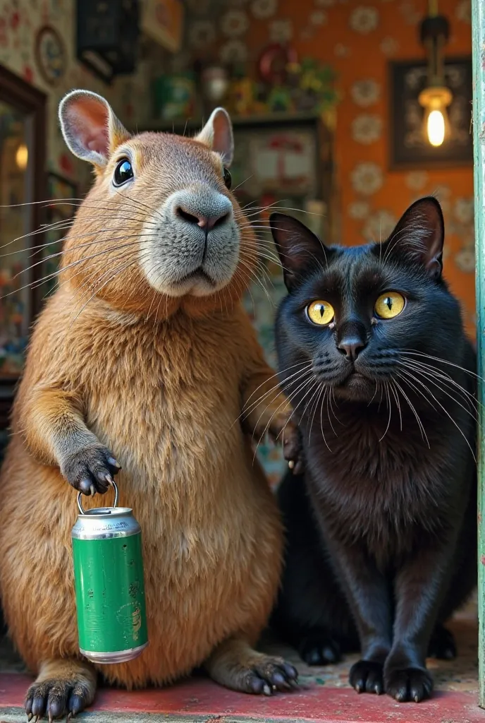 A male capybara with a long human mustache, With a green beer can on the left front leg ( superior ). Next to it is a black cat with yellow eyes and a human mustache similar to that of the painter Salvador Dali, The cat is 
The barber. Both are inside an o...