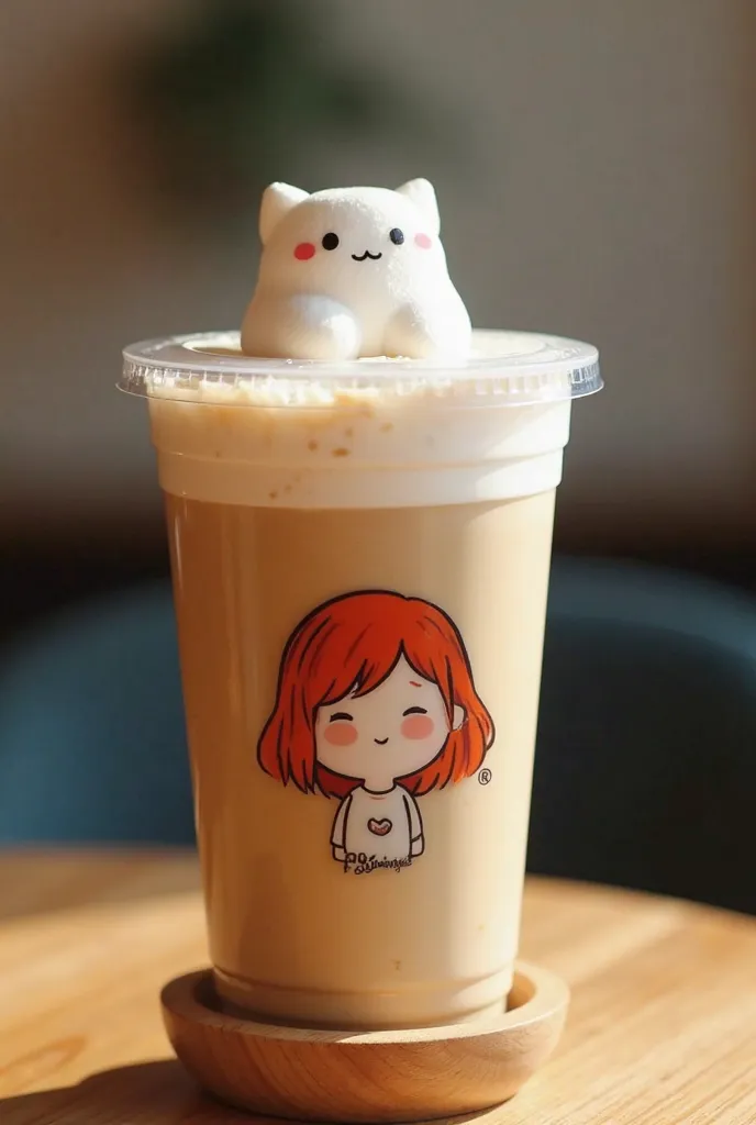 A large clear plastic glass.the glass is a cold coffee. looks very delicious. There is a small marshmallow in the shaped of full body of a girl ( with red hair ). Sitting on top of the drink, looking cute and neat. On the glass is printed the shop's brand ...