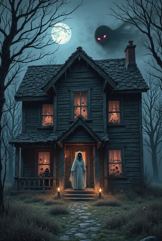 Draw the sinister atmosphere of an old abandoned rickety house in the middle of a dark forest. The house has weathered wooden walls, windows break with torn curtains fluttering in the wind. The front door opens slightly, reveals the darkness inside. A fain...