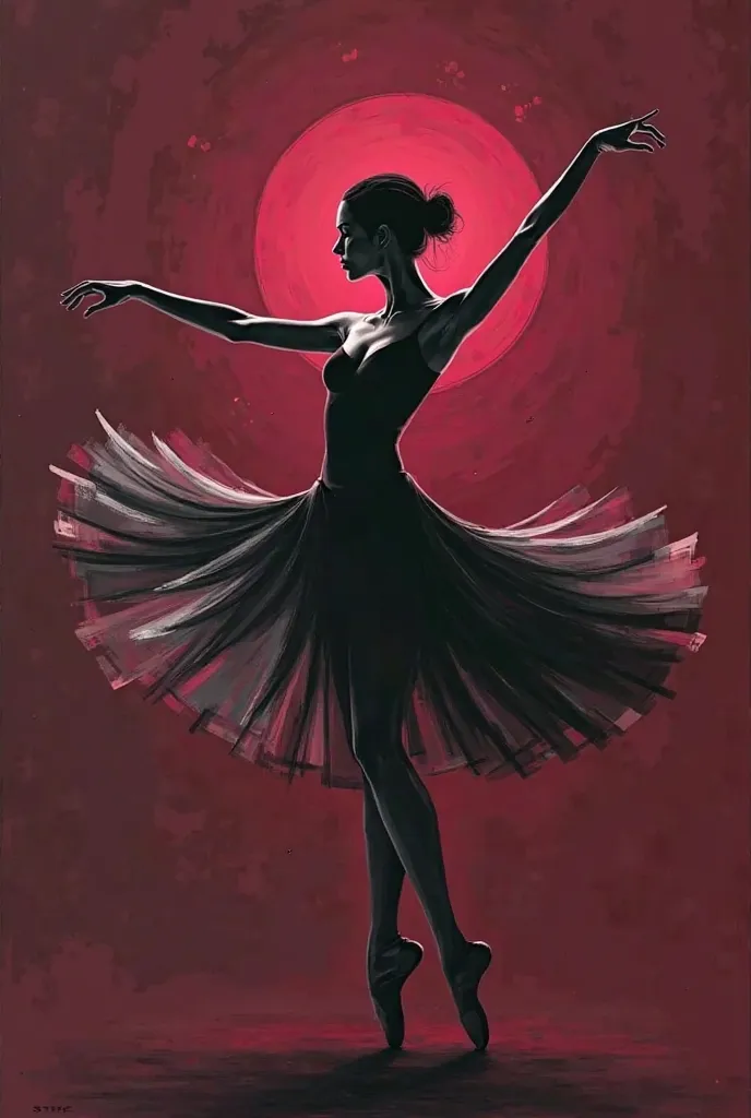 create art line style painting of a elegant and sophisticated minimalist elegant woman dancing ballet with a powerful pose. Make the backround dark maroon and the woman blakc and white colored with hint of dark maroon and pink, Minimalist figure like cubes...