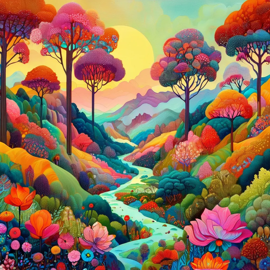 Colorful landscape painting with trees and hills in the background, jane newland, mythical flower hills, dreamy fantasy landscape painting, colorful landscape painting, camille bombois, sunset illustration, floral sunset, psychedelic landscape, vibrant gou...