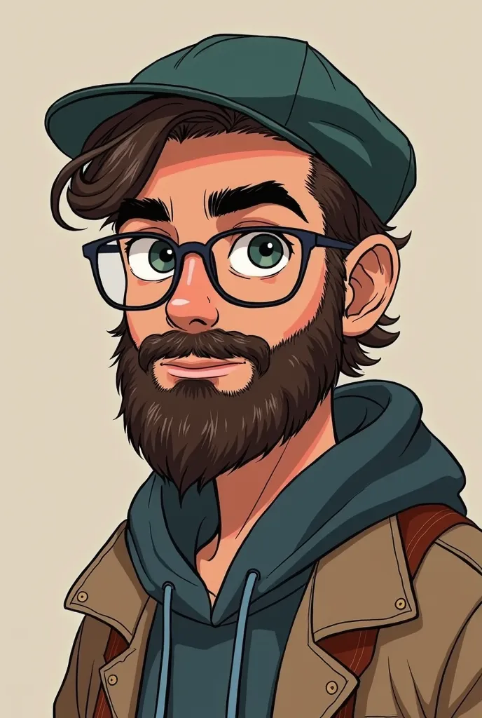 a 22 years old male with anchor beard, medium hair length, tunisian and wears eyeglasses, the beard is less in the sides, the hair is covered by a hat, the character is closer to a cartoon than regular human, with dark brown eyes