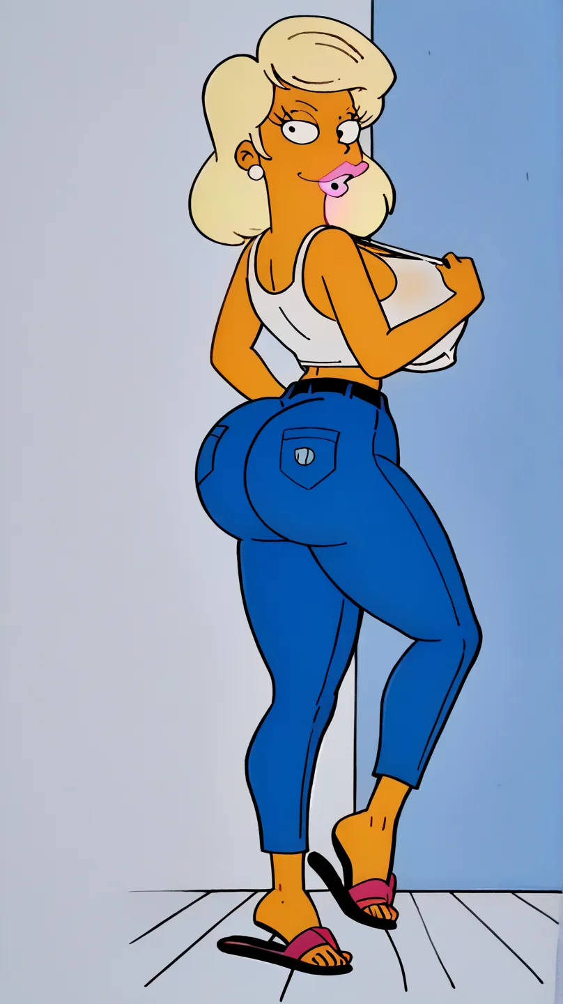 score_9, score_8_up, score_7_up, score_6_up, score_5_up, score_4_up,  titania, 1girl, solo,big breasts boobs, yellow skin, blonde hair, midriff, lipstick,tight thicc jeans,black belt,thicc fat ass,(((white flip flops))),(((White mini fitted tank top))),ful...