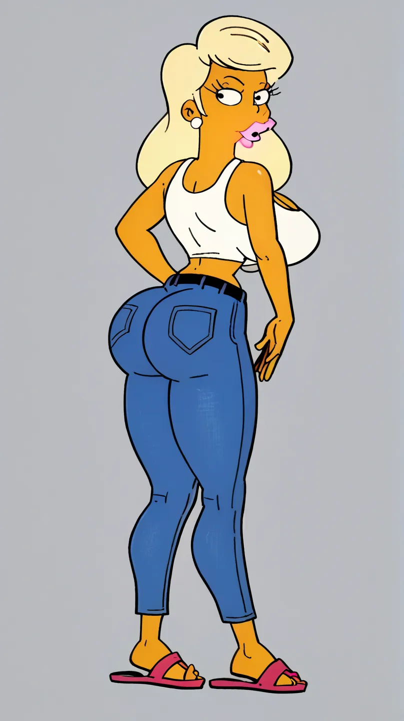 score_9, score_8_up, score_7_up, score_6_up, score_5_up, score_4_up,  titania, 1girl, solo,big breasts boobs, yellow skin, blonde hair, midriff, lipstick,tight thicc jeans,black belt,thicc fat ass,(((white flip flops))),(((White mini fitted tank top))),ful...