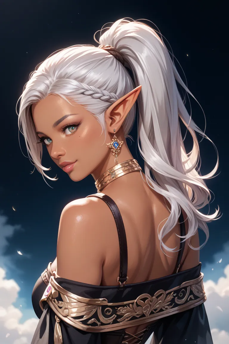 fake girl,Dark Elf,silver hair, one-shoulder top、Black,indoor,ponytail