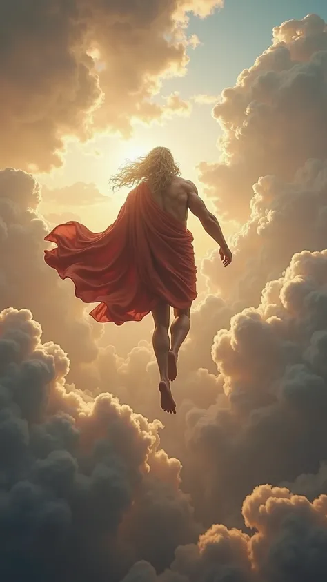 god zeus flying around clouds , image show the back of zeus, he is moving away from the camera, zeus the god is flying in heaven through the clouds at very fast speed as the camera follows him from the back. 