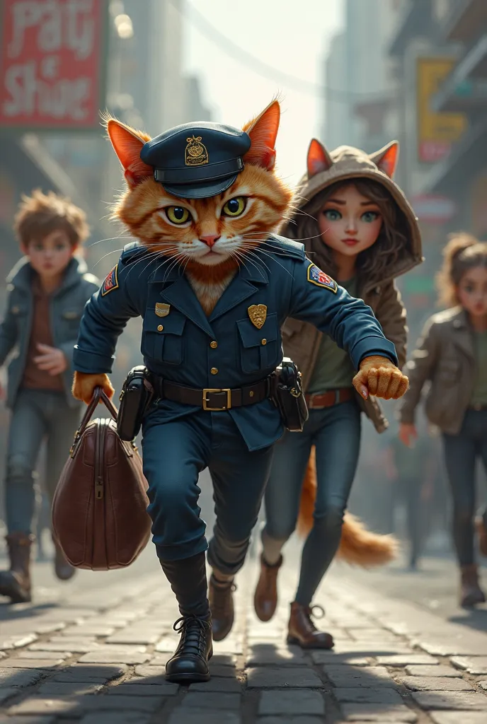 Cat as a police officer, chasing after a criminal that took a ladies bag catch him and handcuff him 