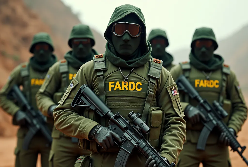 Les militaires comandos africain avec leurs tenues vert et casque gros lunettes cagoule bien équipée on a écrit FARDC au grand caractère