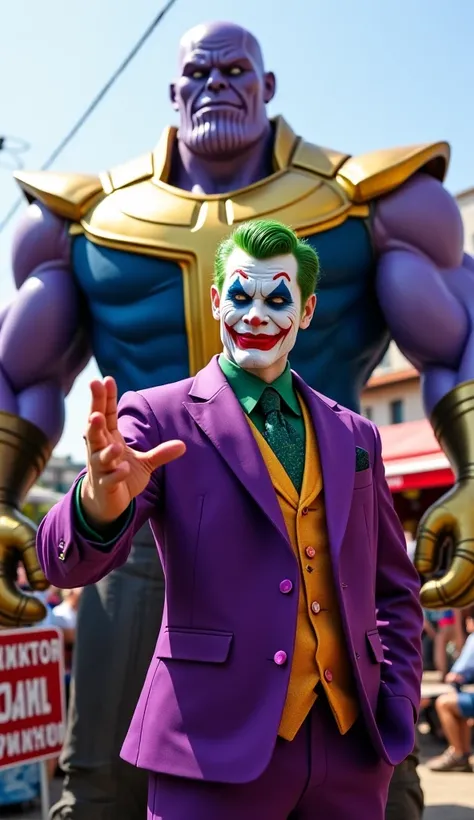 8k realistic ultra HDR A man dressed as the Joker, light-skinned and appearing to be in his late 20s or early 30s, stands next to a large figure of Thanos, both positioned in the middle of the image.  The Joker is wearing a vibrant purple suit with a green...