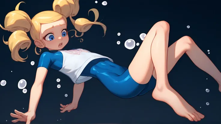 score_9, score_8_up, score_7_up,  1girl, source_anime,  ( girl) yellow hair, blue eyes, ponytails, very long hair, flat chest, Powerpuff girls style, navy blue bike short, very tight cropped t-shirt, (( Diving underwater  )) swimming downside, lead, uncons...