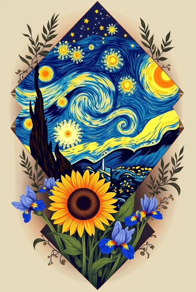 Make me a starry night tattoo with sunflowers and irises by Van Gogh interspersed in geometric style