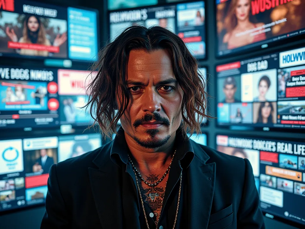 Screens filled with news headlines and social media posts praising Johnny Depp as a hero. Words like “Great Dog Dad” and “Hollywood’s Real-Life Action Hero” dominate the screens.  