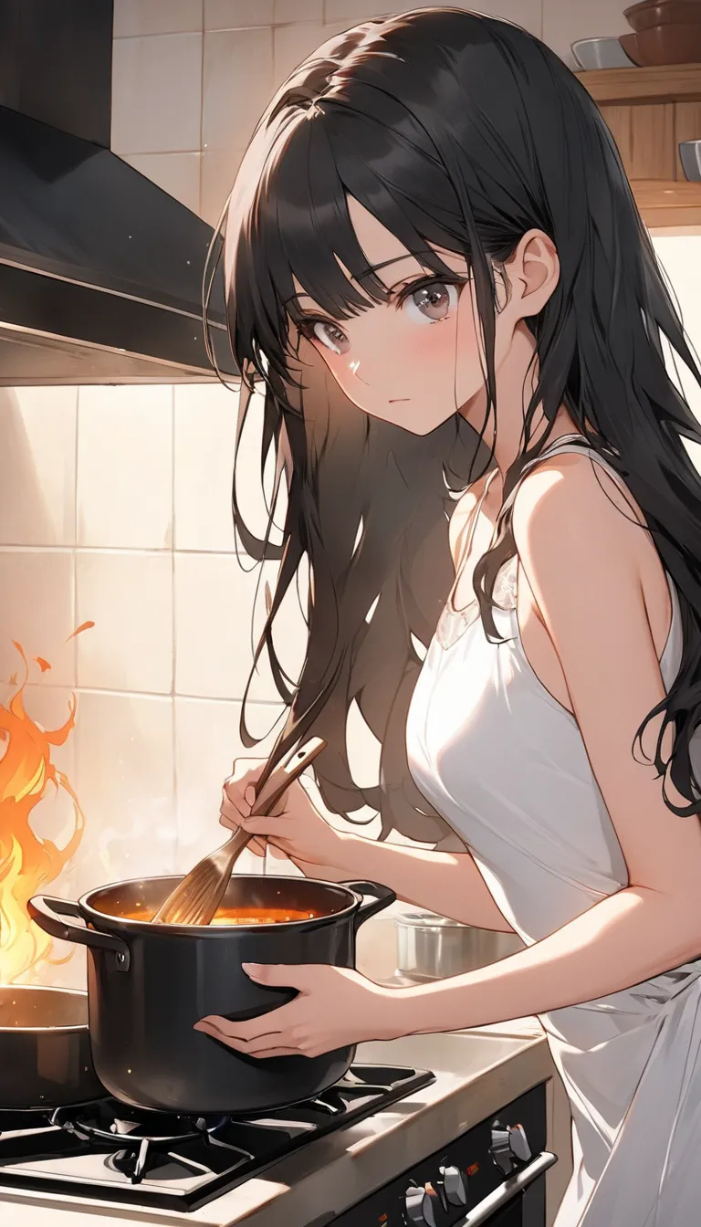 An anime-style black-haired girl with semi-long hair, wearing a white one-piece dress, places a pot on the stove. She has a serious and focused expression as she turns on the heat. The background is a simple yet warm kitchen with a homey atmosphere."