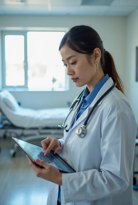 A doctor using a tablet in a hospital room. The doctor is wearing a white coat and has a stethoscope around their neck. The hospital room is clean and modern, with a patient bed, medical equipment, and a window allowing natural light. The doctor appears fo...