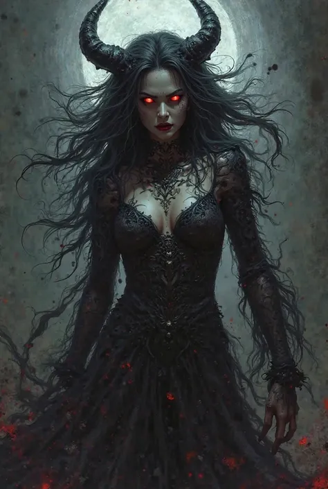 Prompt**: "A fierce, dark, and powerful demoness, Mahishi, with long wild hair and glowing red eyes