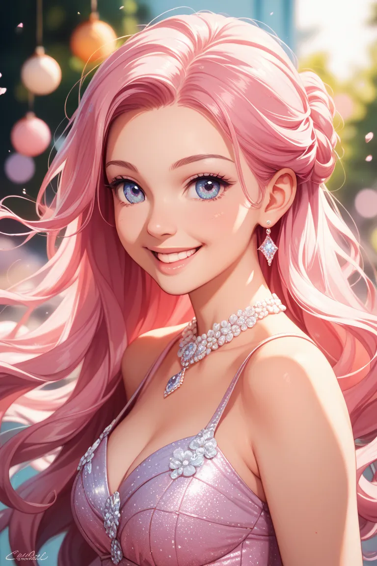 Pretty Girl Smiling Pink Hair Long Hair Half Up