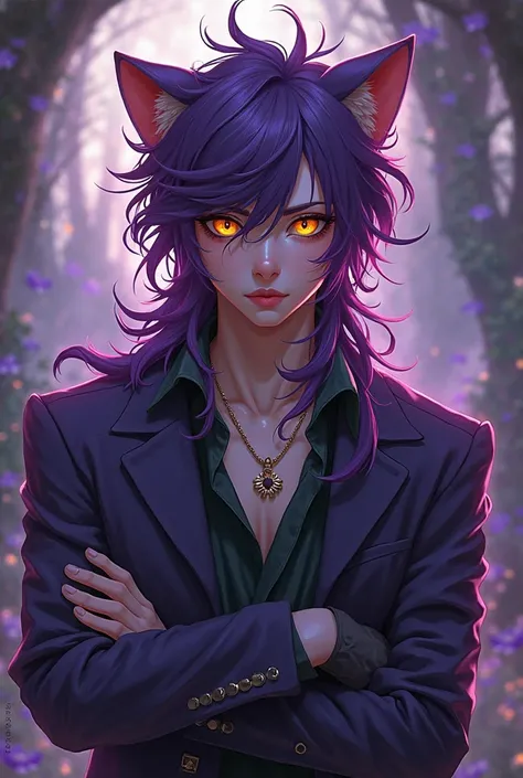 Generate digital art-style images of a boy between 20-26 years old, inspired by the cheesire cat from Alice in Wonderland, long, disheveled purple hair, eyes one orange the other gold, sexy pose