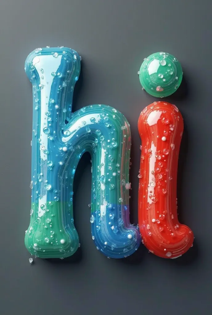 A skillfully crafted conceptual art piece featuring the word " hi " made of multi-colored clear toothpaste in blue, green and red. The toothpaste is intricately carved with the words in a playful font, which is emphasized by the vibrant, cartoon-like color...