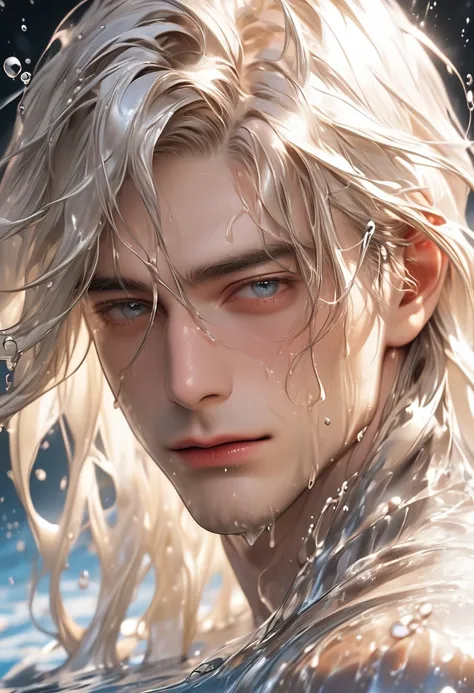 raw photo:1.2, masterpiece, highest quality, 16k, unbelievably absurd, very detailed, perfect beauty, handsome man, flowing platinum blond, closeup face, look down, wet hair, splash water 