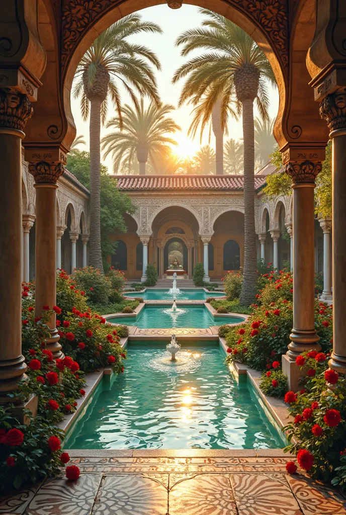 "A luxurious garden with ornate fountains of gently flowing turquoise water, surrounded by vibrant red roses and lush vegetation. The intricately tiled path leads to a decorative arch, with majestic palm trees in the background swaying under the golden lig...